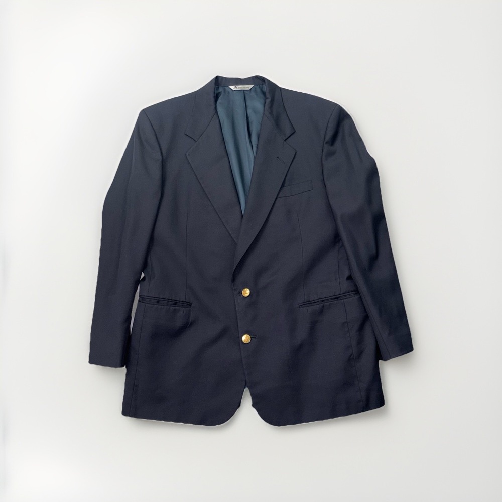 Aquascutum London Navy Blazer 42R Gold Crest Buttons Wool Sport Coat Mens L 0243